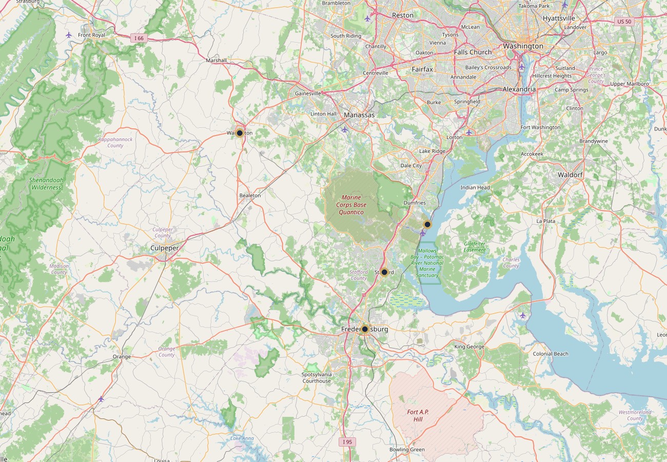 Map of Ryan Cypress service areas: Stafford, Fredericksburg, Warrenton, and Quantico, Virginia